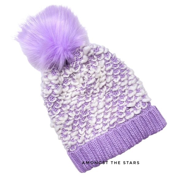 Free People Big Sky Purple & White Wool Chunky Knit Pom Beanie Hat